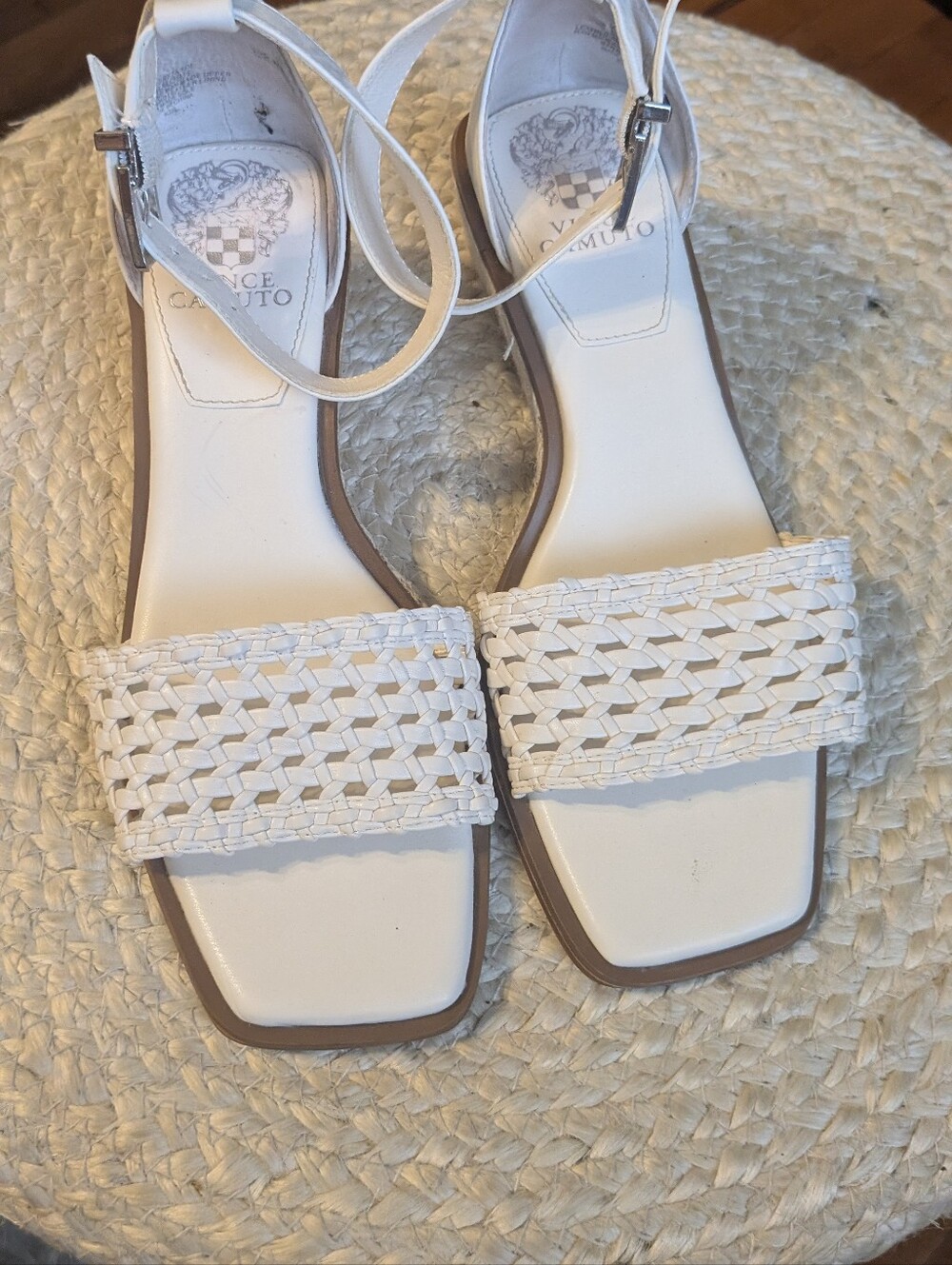 Vince Camuto White Woven Ankle-Strap Wedge Sandals